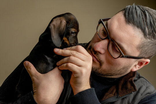 man watching his dachshund pet