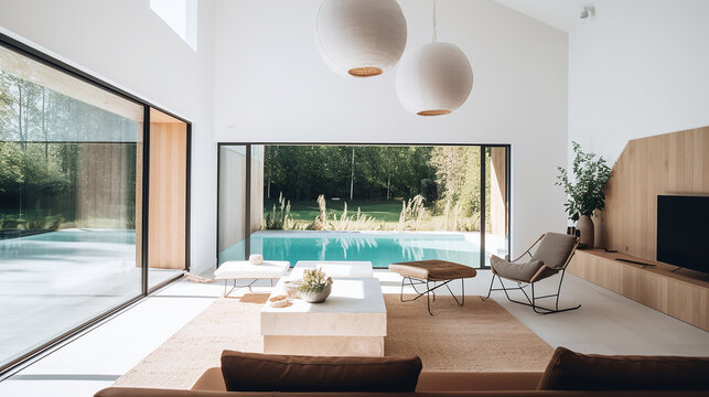 A living room of a beautiful bright modern Scandinavian style house with large windows opening, swimming pool, generative AI