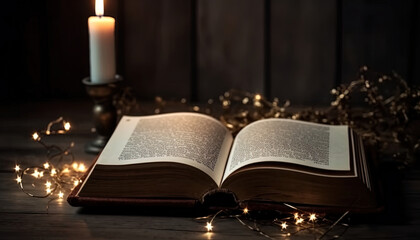 Old open books on the wooden table and empty space