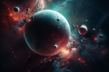 Obraz na płótnie Canvas Planets of deep space in light of red and blue stars. Science fiction. Elements of this image furnished by NASA. Generative AI