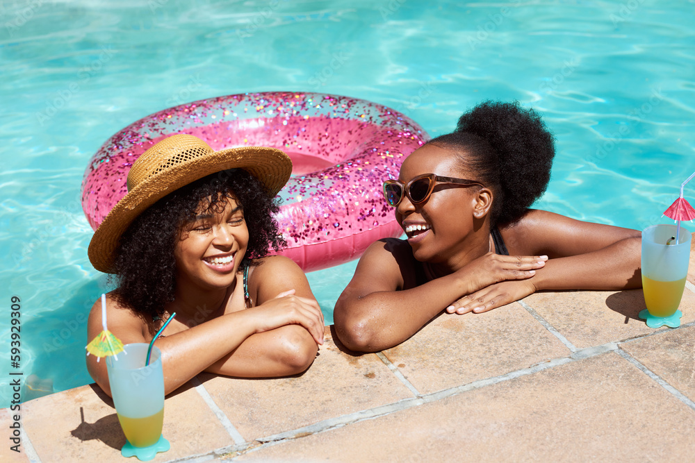 Wall mural two black friends lean on the side of the pool, relaxing in water with mocktails