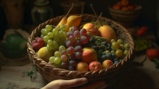 painted fruit basket. Generative AI.