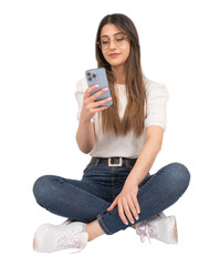 Using smartphone, caucasian woman using smartphone. Holding modern mobile phone with three cameras...