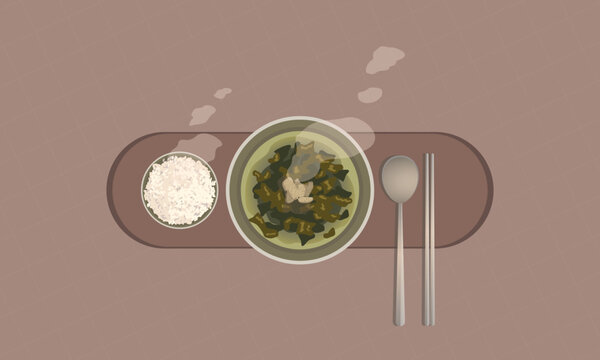 한국 전통 음식 미역국, 소고기 미역국, 생일 음식, 벡터, 일러스트 Seaweed soup, birthday food, Korean food, beef seaweed soup