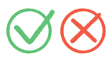 Cross and tick icon in a flat style with ragged edges. a tick mark and a cross on a transparent background.