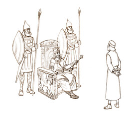 Fototapeta na wymiar Pencil drawing. The king interrogates the prisoners