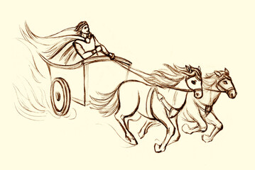 Rider on an ancient chariot. Pencil drawing