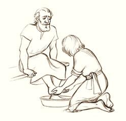 Fototapeta na wymiar Christ washes Peter's feet. Pencil drawing