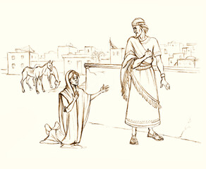 Famine in the ancient city. Pencil drawing