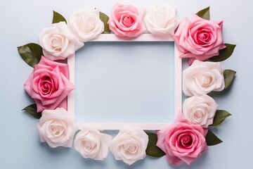 Fototapeta na wymiar Bouquet of roses with frame. Arrangement of beautiful roses. White paper frame on background. Greeting card, AI Generated