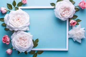 Obraz na płótnie Canvas Bouquet of roses with frame. Arrangement of beautiful roses. White paper frame on solid color background. Greeting card, AI Generated