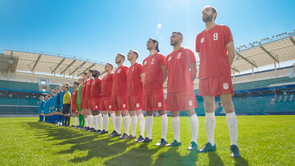 Football Championship: Two Professional Soccer Teams ready for a Match. Players One by One, Standing in Line on Stadium. Professional Athletes ready to Win Tournament, World Cup. © Gorodenkoff
