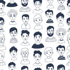 Seamless pattern with male portraits. Cute smiling boys and bearded men on white background. Vector illustration in doodle style design, wallpapers, textiles and wrapping paper.
