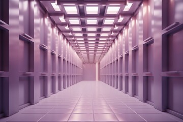 Lilac background. Design.A light enclosed corridor of 3 d squares that rotates and descends in abstraction. Generative AI