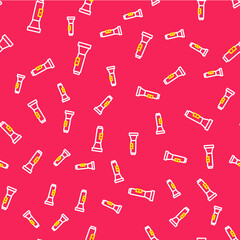 Line Flashlight icon isolated seamless pattern on red background. Vector