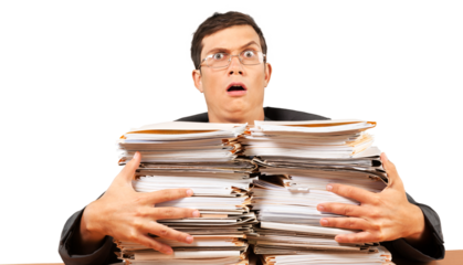 Portrait of a Shocked Employee Behind a Stack of Documents