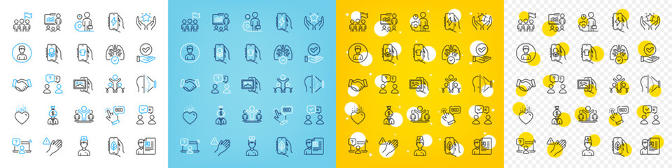 Vector icons set of Face id, People voting and Manager line icons pack for web with Approved checkbox, Teamwork questions, Winner outline icon. Charging app, Ecology app, Leadership pictogram. Vector