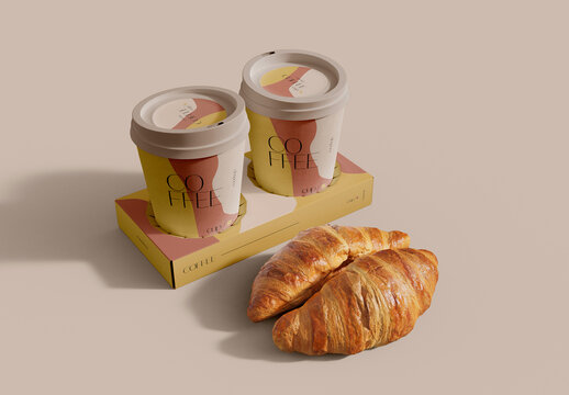 Coffee Cups Holder and Croissant Mockup 