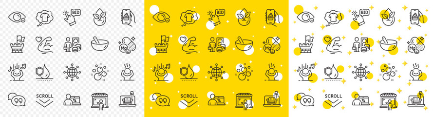 Outline Bid offer, Market seller and Strong arm line icons pack for web with Waterproof, Food app, Money profit line icon. Furniture, T-shirt, Cooking mix pictogram icon. Clean bubbles. Vector