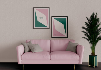  Two Picture Frames above Sofa with Plants Mockup