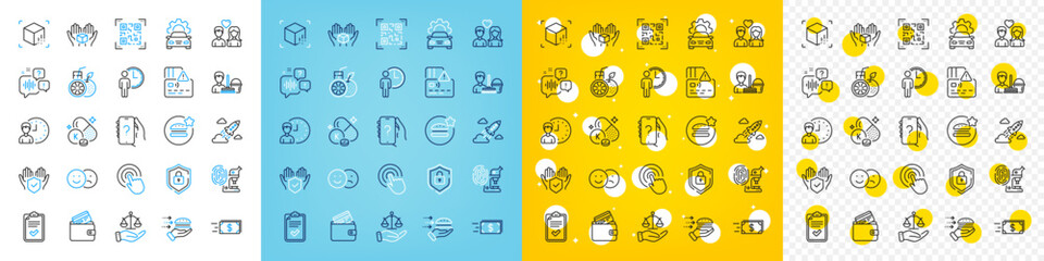 Vector icons set of Hold box, Checklist and Qr code line icons pack for web with Fingerprint research, Cleaning service, Couple love outline icon. Orange juice, Startup rocket. Vector