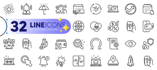 Outline set of Puzzle, Money calendar and Chemistry lab line icons for web with Online documentation, Qr code, Inflation thin icon. Rocket, Twinkle star, Music making pictogram icon. Pin. Vector