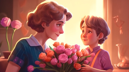 A little girl gives her mother a bouquet of flowers, generative AI.