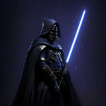 Star Wars Day |  a scene of a Jedi Knight holding a lightsaber. Ai.