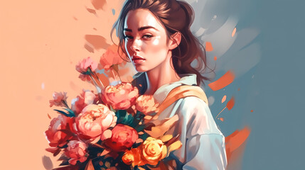 Beautiful young woman with a bouquet of flowers, generative AI.