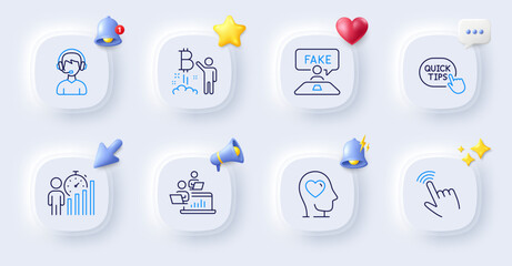 Mental health, Quick tips and Bitcoin project line icons. Buttons with 3d bell, chat speech, cursor. Pack of Business statistics, Consultant, Cursor icon. Teamwork, Fake review pictogram. Vector