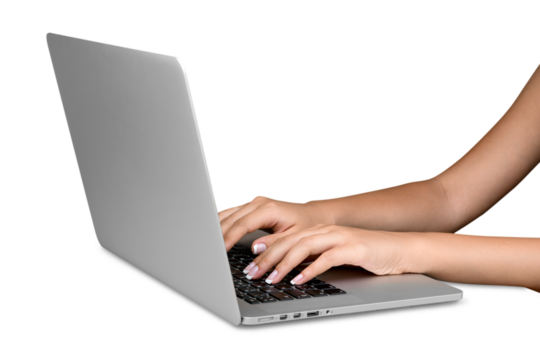 Hands typing on keyboard of modern laptop
