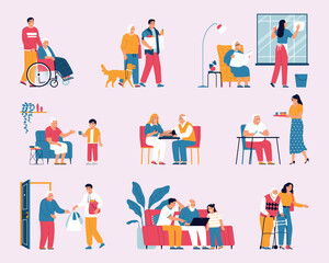 Fototapeta premium Elderly People Help Color Set