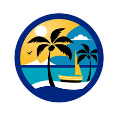 Summer beach illustration, abstract sun and palm tree on seaside. Vector logo design template.