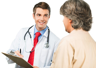 Young male doctor with patient isolated on white background