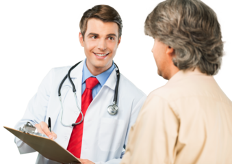 Young male doctor with patient isolated on white background