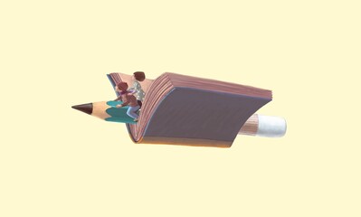 Boy and girl flying with abook and apencil. child illustration. dream, education, kid concept, surreal art.