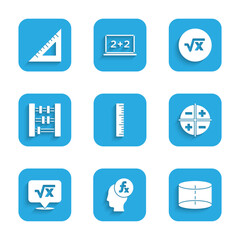 Set Ruler, Function mathematical symbol, Geometric figure Cylinder, XYZ Coordinate system, Square root of x glyph, Abacus, and Triangular ruler icon. Vector