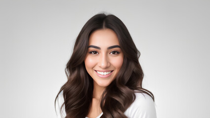 Fototapeta premium Arab young woman portrait with long dark brown hair and grey isolated background. Generative AI