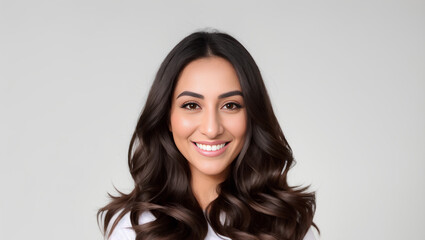 Beautiful brown haired with stylish long hairstyle. Arab woman with a wavy hair. Beautiful young woman with natural makeup portrait. Generative AI