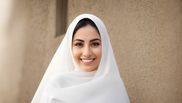 Muslim woman with smile, standing on grey isolated background. Copy space. Generative AI