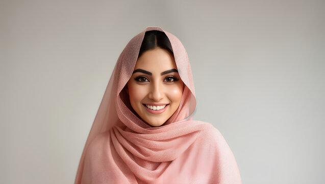 Portrait of Arabian Muslim woman in hijab smiling. Wedding bride in white dress. Grey isolated background. Generative AI