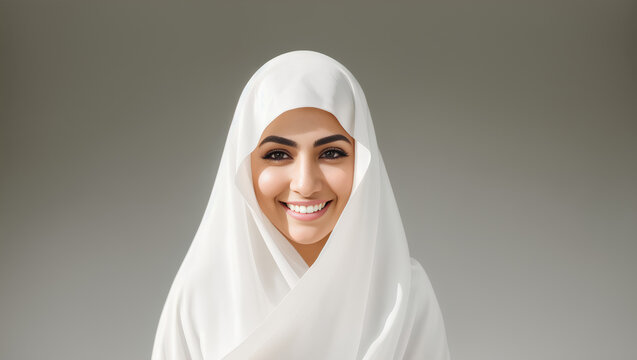 Studio shot of Arabian Muslim woman smiling in hijab. Grey isolated background. Generative AI