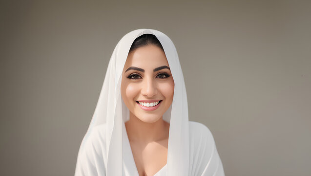 Muslim woman in burka with smile, standing on grey isolated background. Copy space. Generative AI