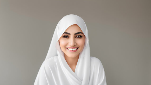 Portrait of beautiful young Muslim woman in hijab on grey isolated empty background. Copy space. Generative AI