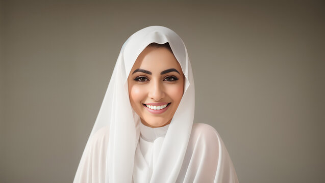 Portrait of Arabian Muslim woman in white hijab smiling. Grey isolated background. Generative AI