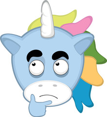 vector illustration face of a unicorn cartoon with a thinking expression or doubt