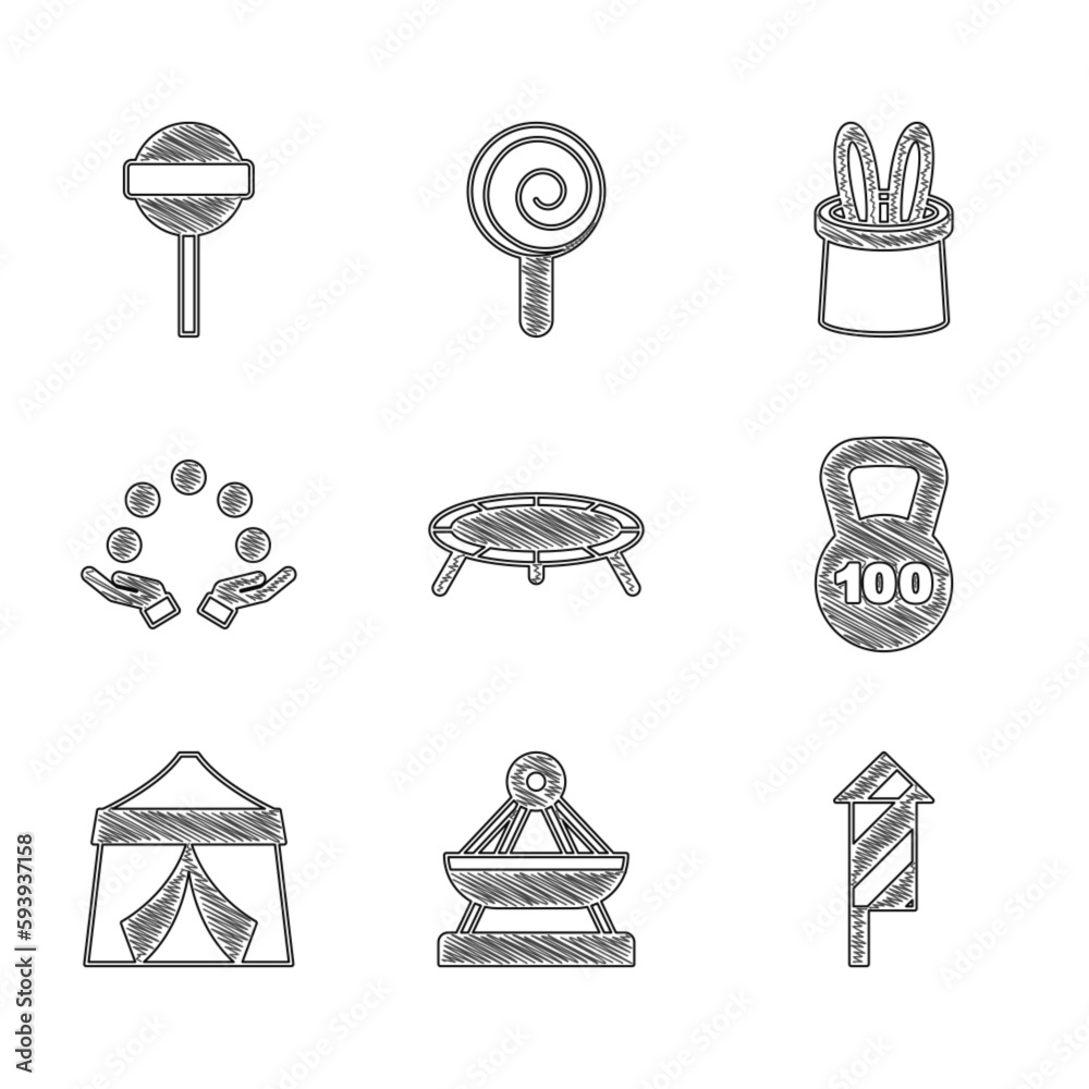 Sticker Set Jumping trampoline, Boat swing, Firework rocket, Weight, Circus tent, Juggling ball, Magician hat and rabbit ears and Lollipop icon. Vector