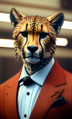 A leopard wearing a red suit
