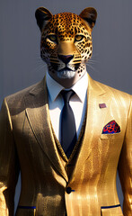 A leopard wearing a golden suit