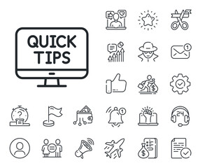 Helpful tricks sign. Salaryman, gender equality and alert bell outline icons. Quick tips line icon. Web tutorials symbol. Web tutorials line sign. Spy or profile placeholder icon. Vector